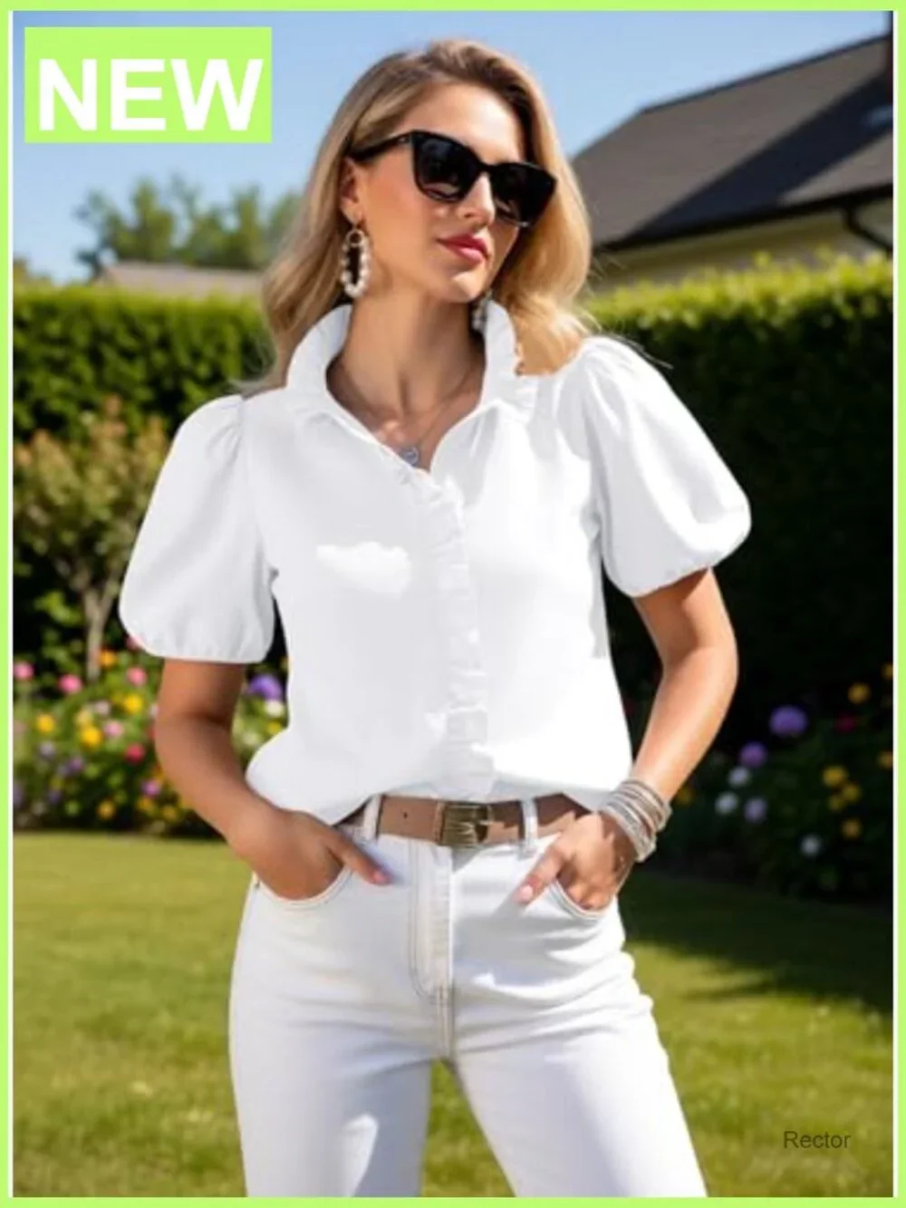 Puffy Sleeve Button Down Ruffle Blouse Work Top - Picture 4 of 6